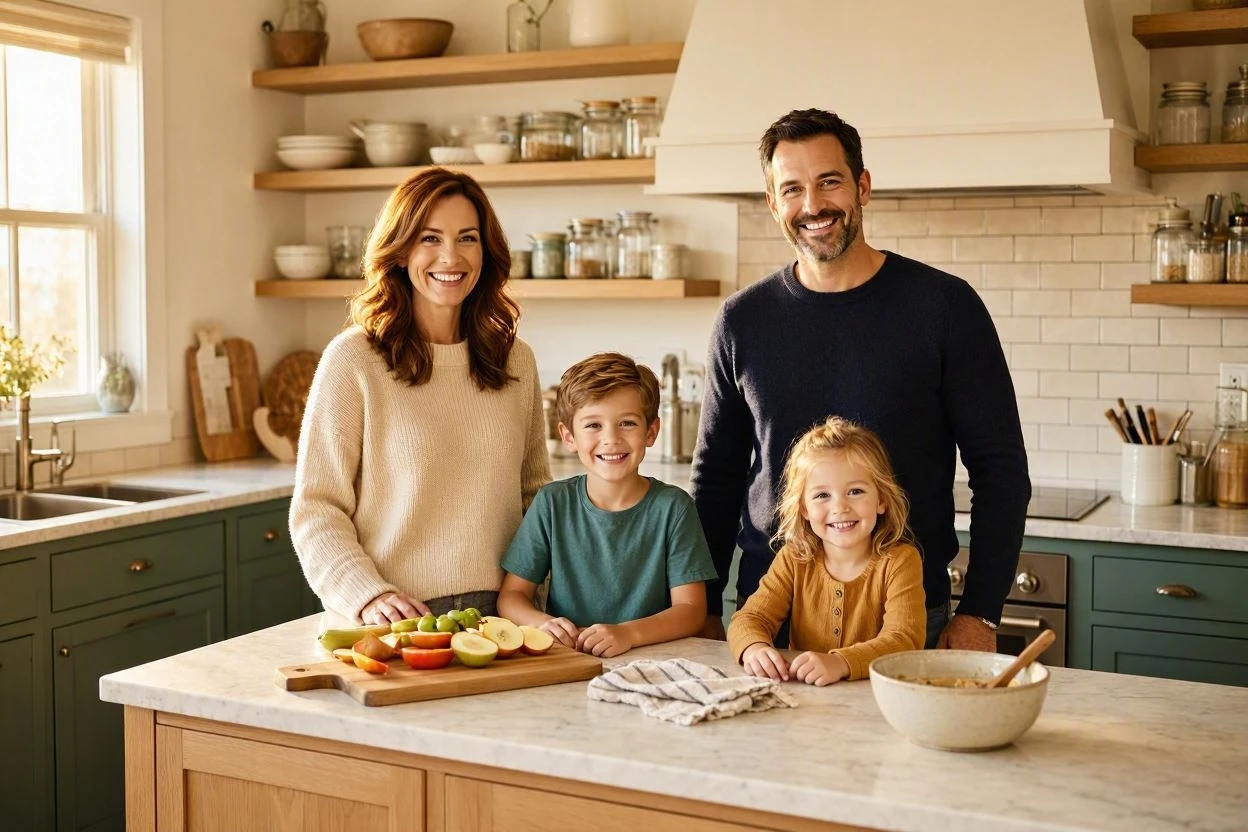 Couple preparing vegetables together on a kitchen island