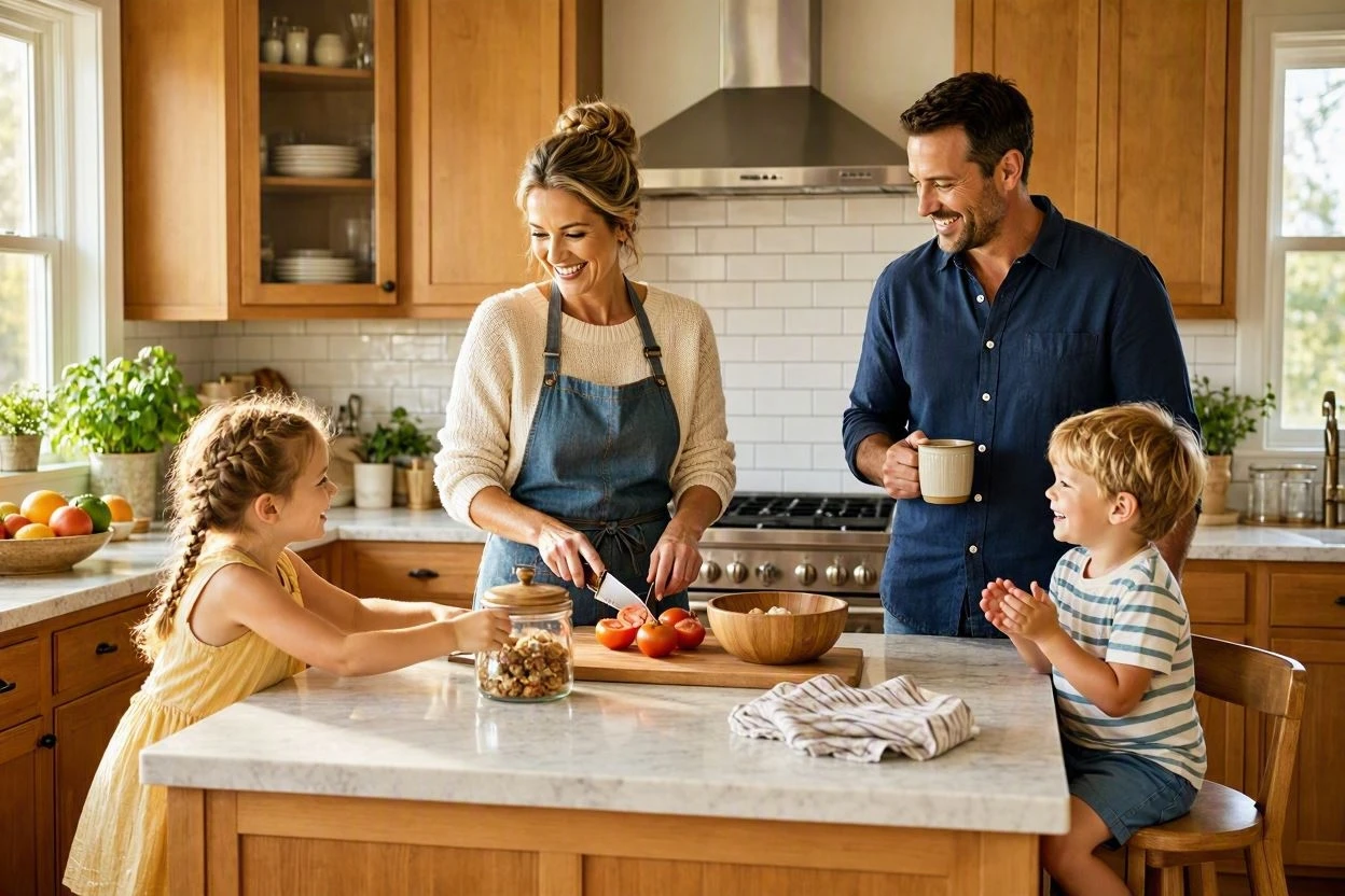 Family having breakfast together in a bright modern kitchen