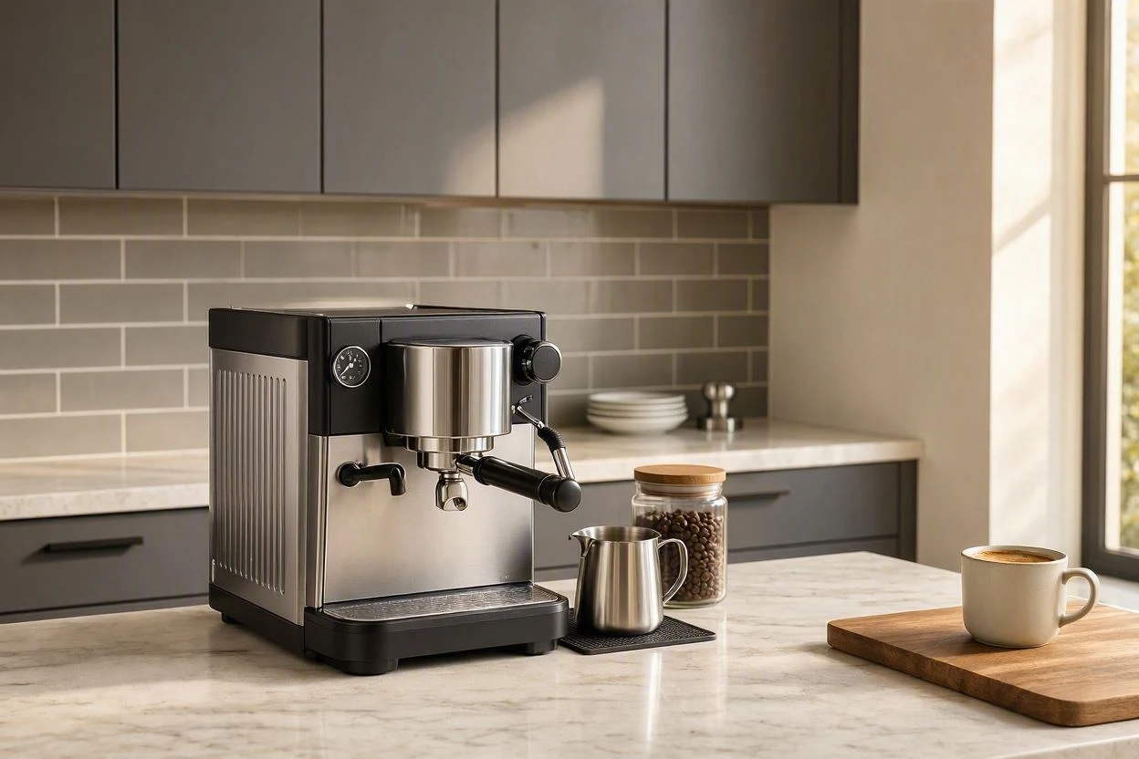 Built-in coffee system set into kitchen cabinetry