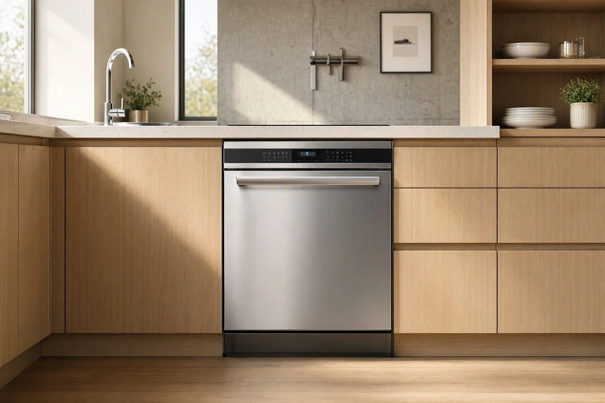 Open dishwasher loaded with clean dishes