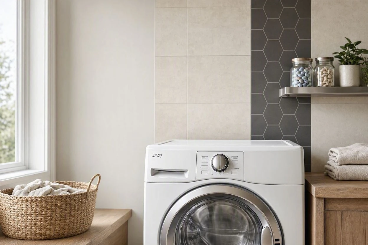 Bright laundry room with a washer and dryer beside a window