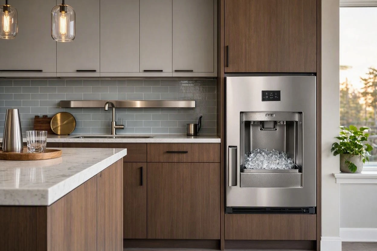 Built-in refrigerator ice maker dispensing ice