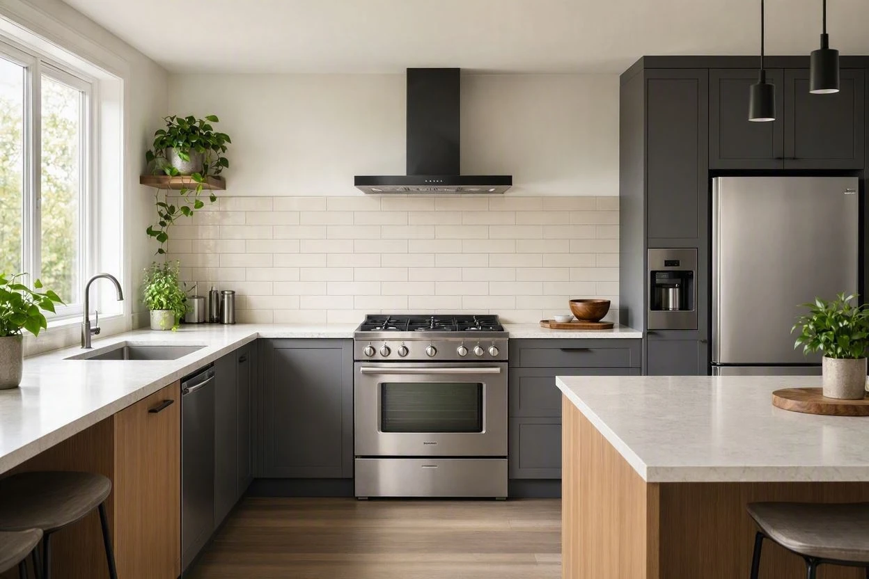 Professional stainless steel gas range in a home kitchen