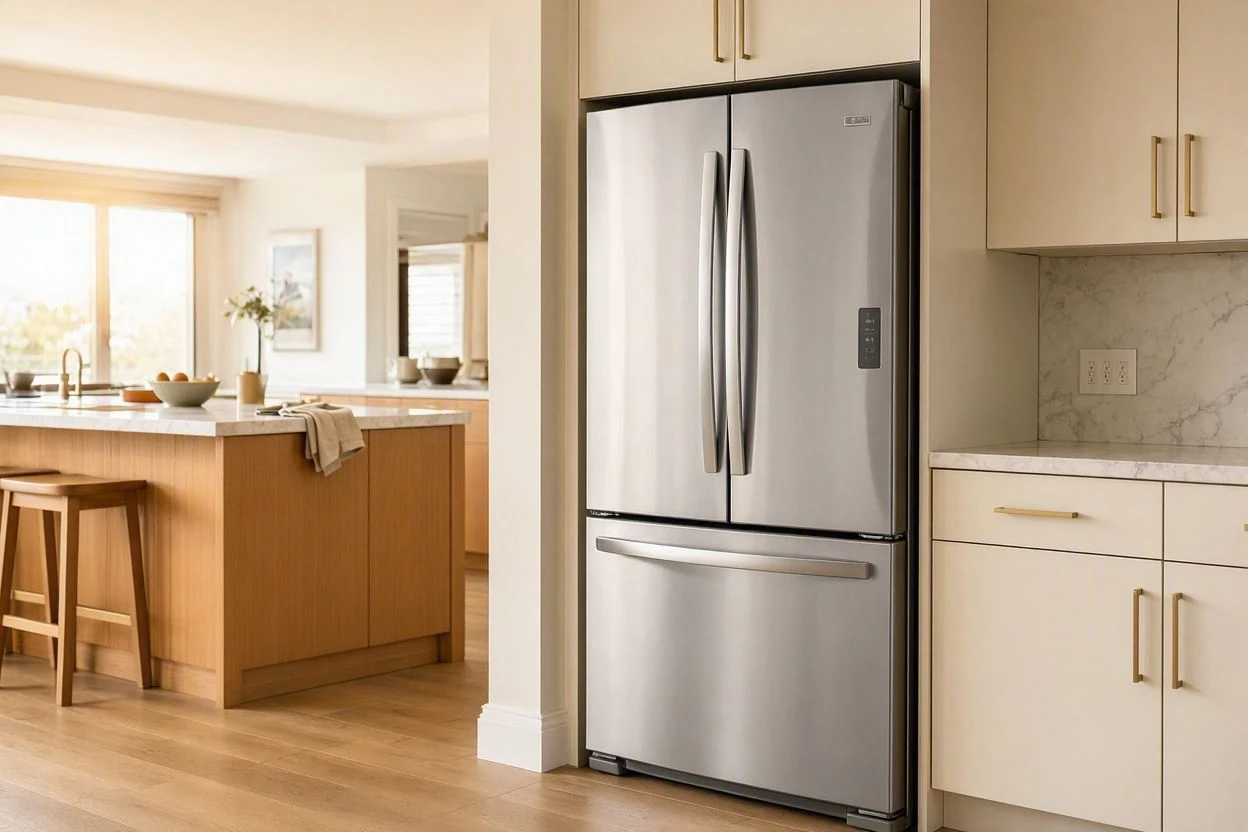 Stainless steel refrigerator in a modern fitted kitchen