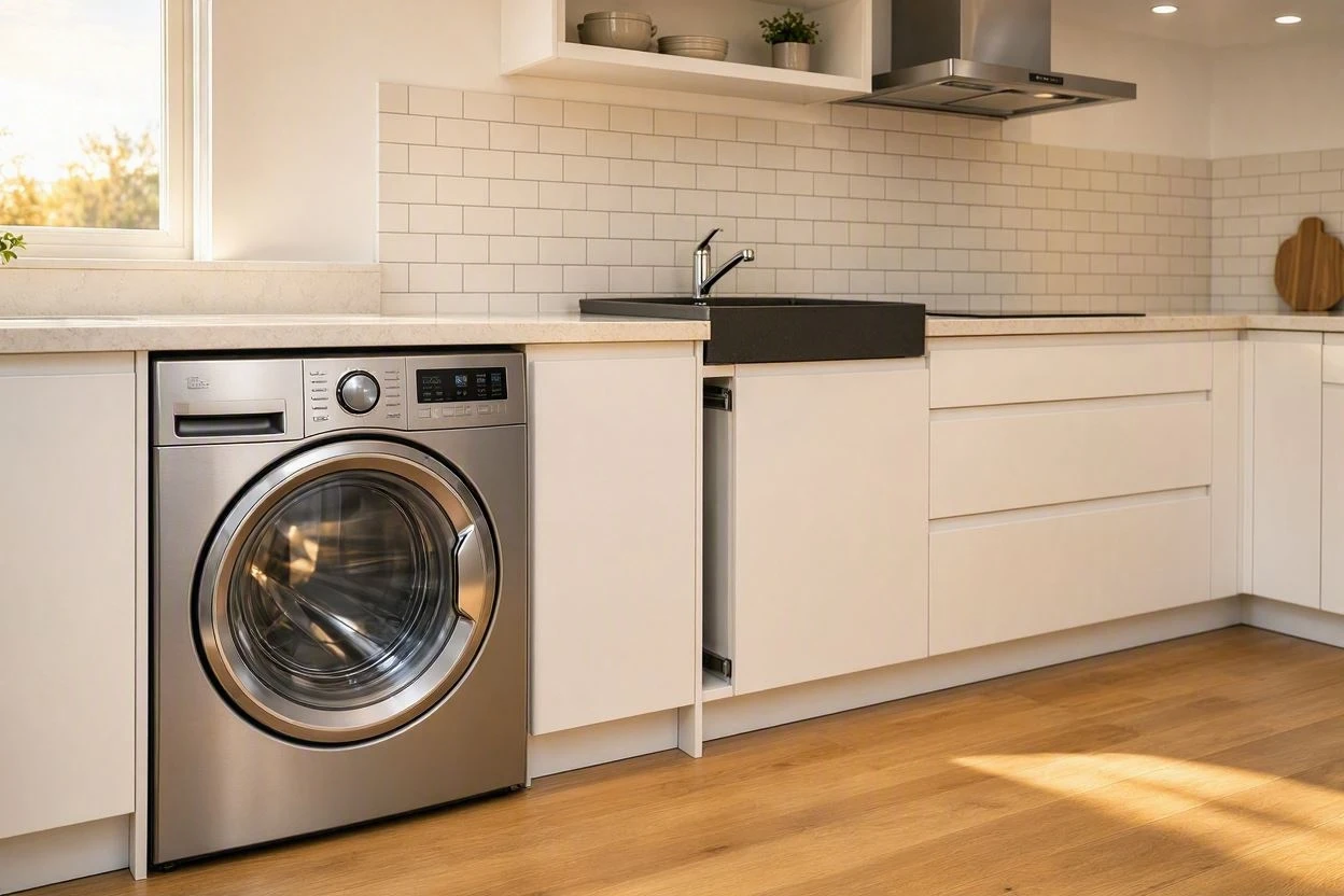 Front-load washing machine in a home laundry room