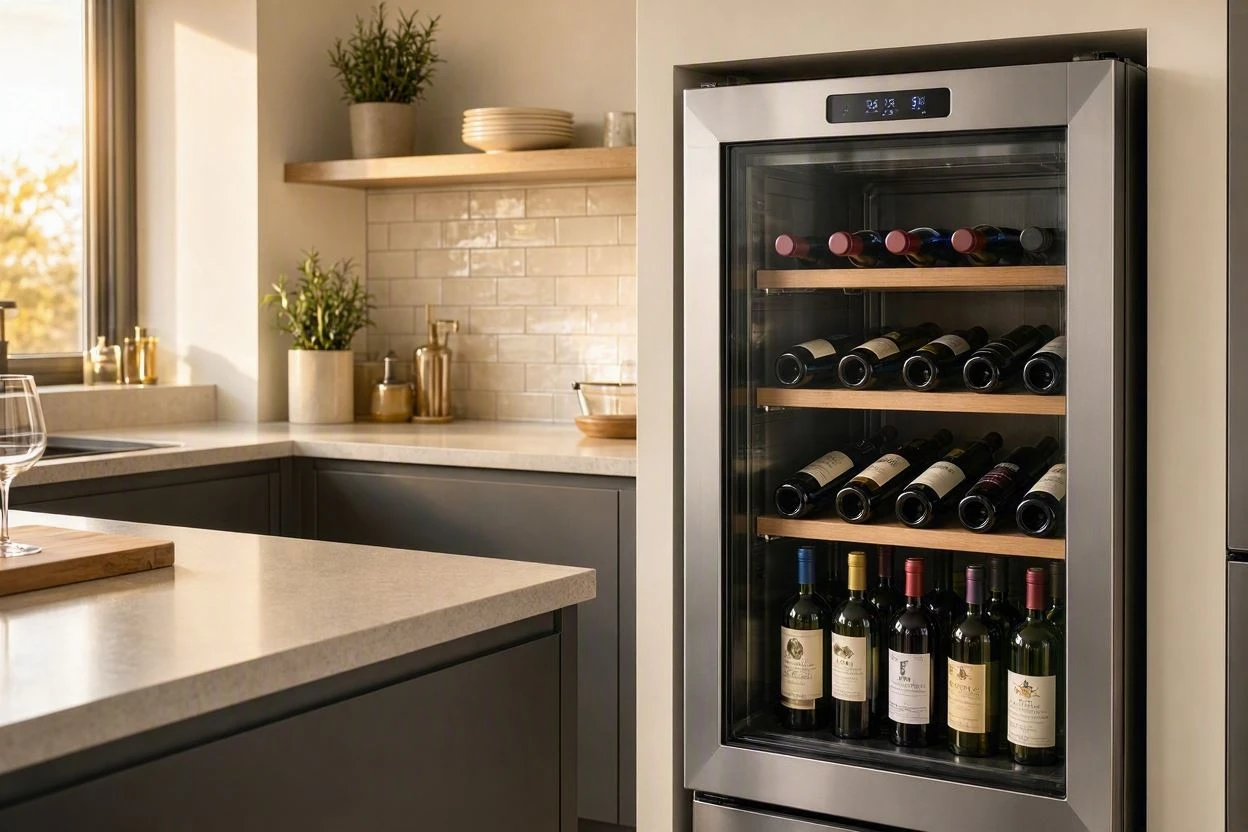 Built-in wine cabinet with bottles stored on their side